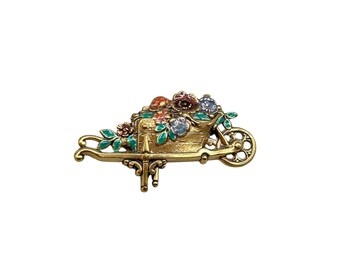 Vintage Gold-Toned Wheelbarrow Floral Brooch Pin Gardener Gift Accessory