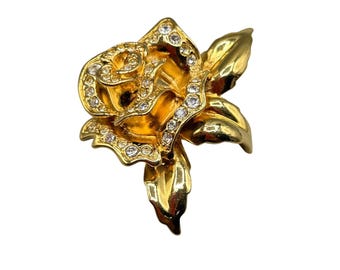 AVON Rose Flower Pin Brooch Gold Tone And Clear Rhinestones