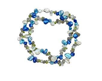 HONORA Blue Dyed Irregular Pearls Necklace With Aventurine And Quartz Beads 18"