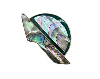 Vintage ALPACA Mexico Pin Brooch Pendant Abalone Shell Inlay Abstract Sunset Sunrise Design