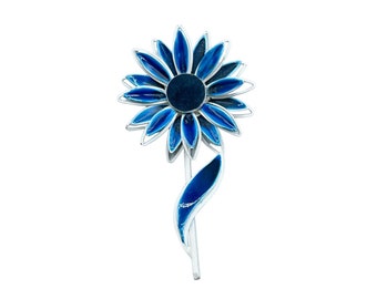 Blue & White Enamel Daisy Flower Pin Brooch 70s Flower Power Costume Jewelry