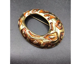 Vintage Animal Print Brooch Gold Tone & Brown Wild Cat Pattern Retro Jewelry