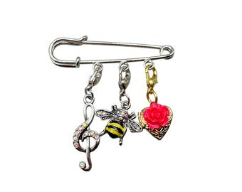 Safety Pin With Charms Silver Tone Brooch With Removable Charms Dangles Locket Bee Music
