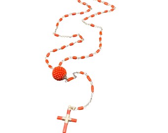 Red Coral Rosary Necklace Sterling Silver Genuine Coral Branch Beads Handcrafted