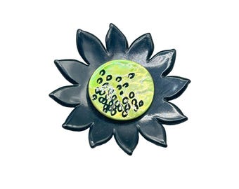 Vintage Black and Green Sunflower Brooch Painted Plastic Flower Pin Handcrafted