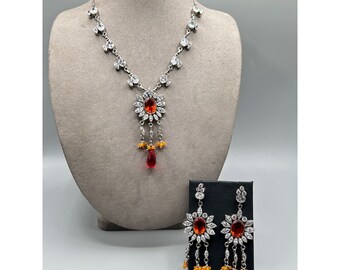 Fancy Jewelry Set Necklace & Chandelier Earrings Dangles Bezel Set Glass Stones