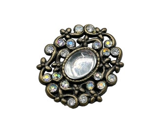 Pretty Rhinestones Pin Brooch Moonglow Acrylic Cabochon Antique Style Jewelry