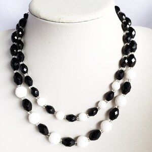 Black White Vintage Necklace Glass Beaded Double Strand Vintage Costume Jewelry
