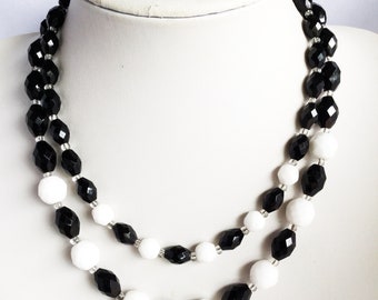 Black White Vintage Necklace Glass Beaded Double Strand Vintage Costume Jewelry