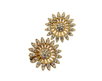 Sunflowers Clip On Earrings Gold Tone Clear Rhinestones Vintage Costume Jewelry