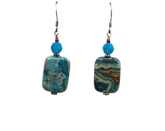Blue Crazy Lace Agate Stones Dangles Earrings Sterling 925 Hooks Gemstone Dangles