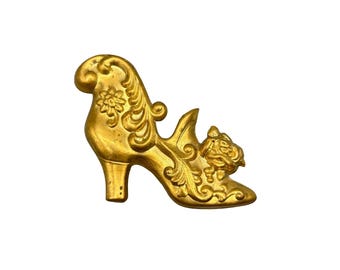 Vintage Victorian Style Shoe Heels Pin Brooch Brass Stamping with Floral Detail