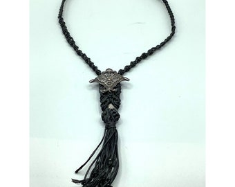 Dark Necklace Unusual Rare Gothic Sterling Silver Horned Face Braided Black Cord