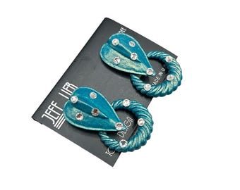 Jeff Lieb Blue Door Knocker Clip On Earrings Rhinestones Made in USA Nickel Free