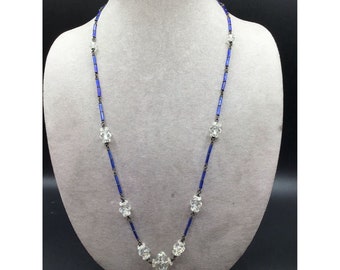 Art Deco Blue Glass & Sterling Silver Faceted Bead Necklace Long Delicate Chain