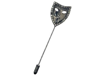 Vintage Mask Stick Pin Silver Tone & Rhinestones Lapel Hat Pin Mardi Gras Design