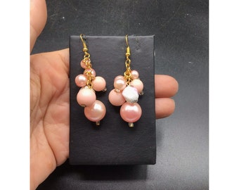 Pink Dangles Earrings Cluster of Pink Beads Pierced Hooked Drops Handcrafted