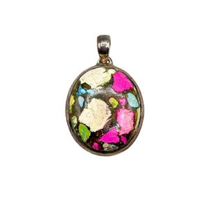 Vintage 925 Sterling Silver Multicolor Stone Mosaic Inlay Colorful Oval Pendant