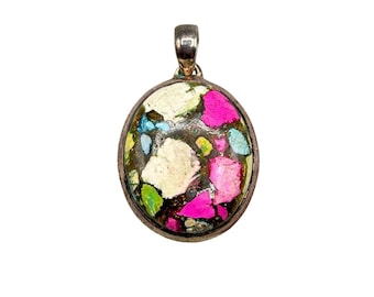Vintage 925 Sterling Silver Multicolor Stone Mosaic Inlay Colorful Oval Pendant