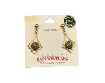 Vintage Rainbowflake Earrings Pierced Dangles Genuine Turquoise New Old Stock