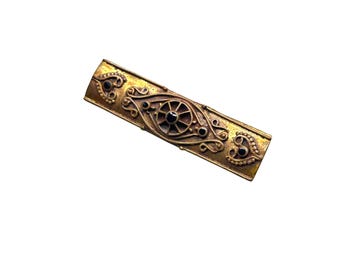 Victorian Revival Bar Pin Brooch Antiqued Gold Tone And Black Enamel Rectangular Pin
