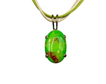 Green Turquoise Gemstone Necklace Sterling Silver Setting Earthy Tones Color Cord