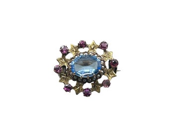 Antique 14K Gold Petite Pin Pink & Blue Stones Textured Gold Leaves Oval Shaped