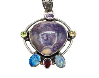 Multi Stone Pendant Sterling Silver 925 Purple Stone Opal and Garnet Handmade