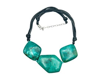Vintage Turquoise Gemstone Necklace with Black Cord & Sterling Silver Clasp