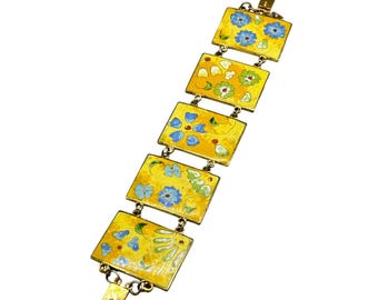 Vintage Robert Kuo Cloisonné Bracelet with Floral Design Yellow Enamel