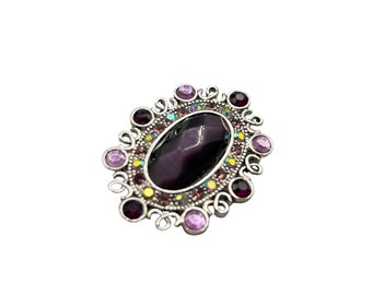 Signed MONET Pin Brooch Purple Tones Faceted Cabochons Silver Tone Setting