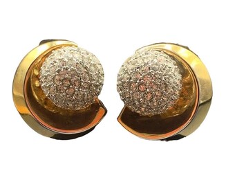 Statement Gold Tone Earrings Simple Elegant Rhinestones Clip On Vintage Jewelry