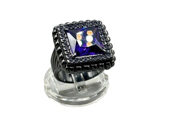 Purple Glass Ring Size 7.5 Gunmetal Color Statement Square Geometric Design