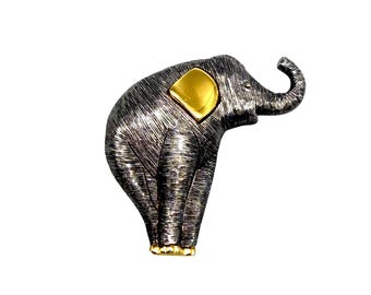 Vintage Liz Claiborne Elephant Brooch Gold And Brushed Silver Tone
