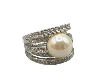 Elegant Silver Tone Faux Pearl & Rhinestone Cocktail Ring Size 6