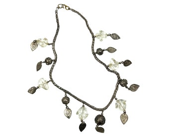 Vintage Ethnic Metal and Clear Glass Necklace Silver Tone Dangles Handcrafted