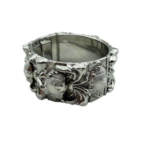 Repousse Hinge Bangle Bracelet Silver Tone Wide Ornate Textured Vintage Bracelet