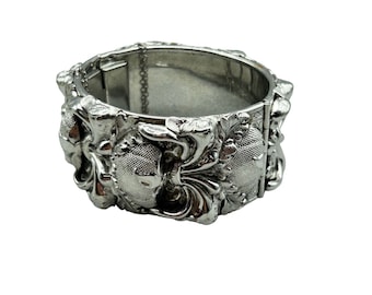 Repousse Hinge Bangle Bracelet Silver Tone Wide Ornate Textured Vintage Bracelet