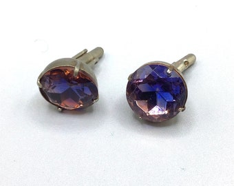 Vintage Cufflinks Glass Stones in Purple Pink Color Round Faceted Vitrail Stones