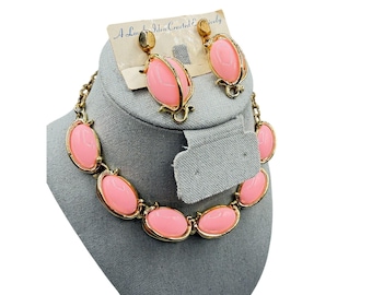 Vintage Pink Thermoplastic Necklace And Earrings Set Mid Century Plastic Jewelry