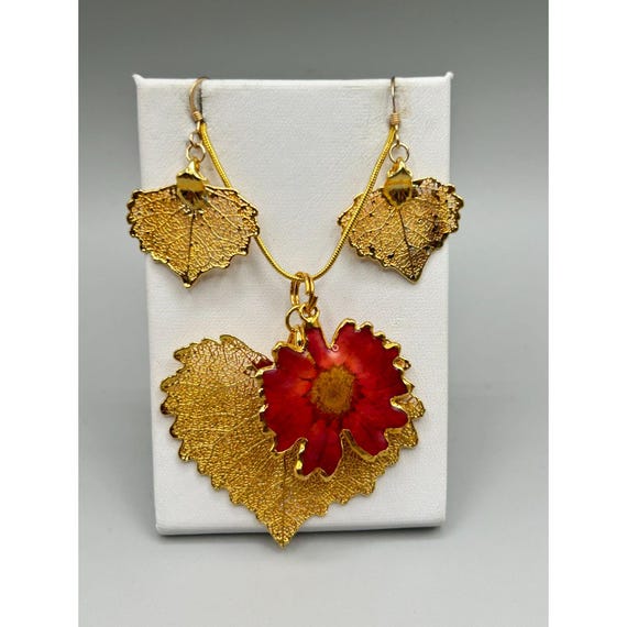 Gold Plated Dipped Leaf Necklace & Earrings Set W… - image 5