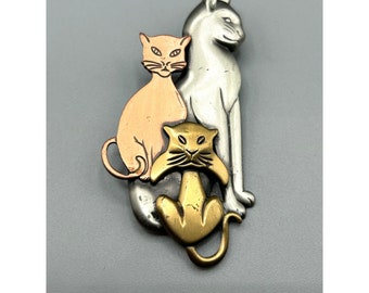 Cat Brooch Mixed Metal Tri Color Retro Kitten Cats Vintage Animal Figural Pin
