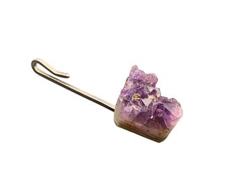Hand Crafted Druzy Amethyst Pendant Modernist Semi-Precious Stone Long Pendant