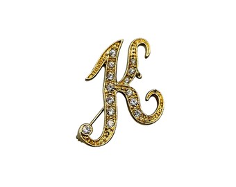 Initial Letter K Monogram Pin Brooch Gold Tone And Rhinestones K Brooch