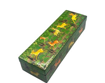 Vtg Hand Painted Rectangular Trinket Box From Kashmir Woodland Forest Animals Scene