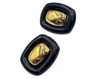 Vintage Clip On Earrings Gold Tone & Black Plastic Geometric Rectangular Design