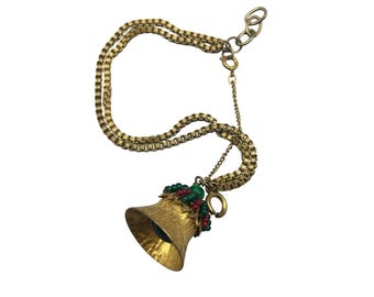 Vintage Christmas Holiday Bracelet Brass And Glass Bookchain Red Green Gold Colors