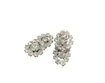 Rhinestones Earrings Clip On Clear Chatons Silver Tone Vintage Costume Earrings