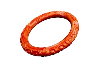 Vintage Plastic Bangle Bracelet Coral Color With Carved Style Design