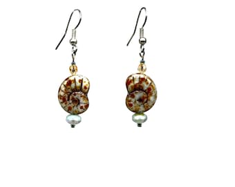 Vintage Handcrafted Ceramic Shell Dangles Earrings Pierced Beaded Drops Brown And Blue